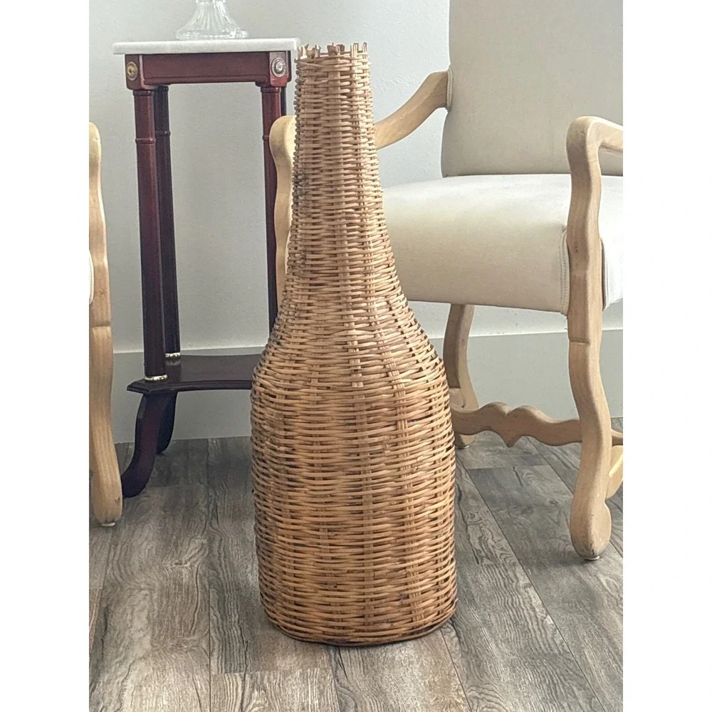Vintage 60's Tall Woven Wicker Floor Vase Natural Rattan Boho